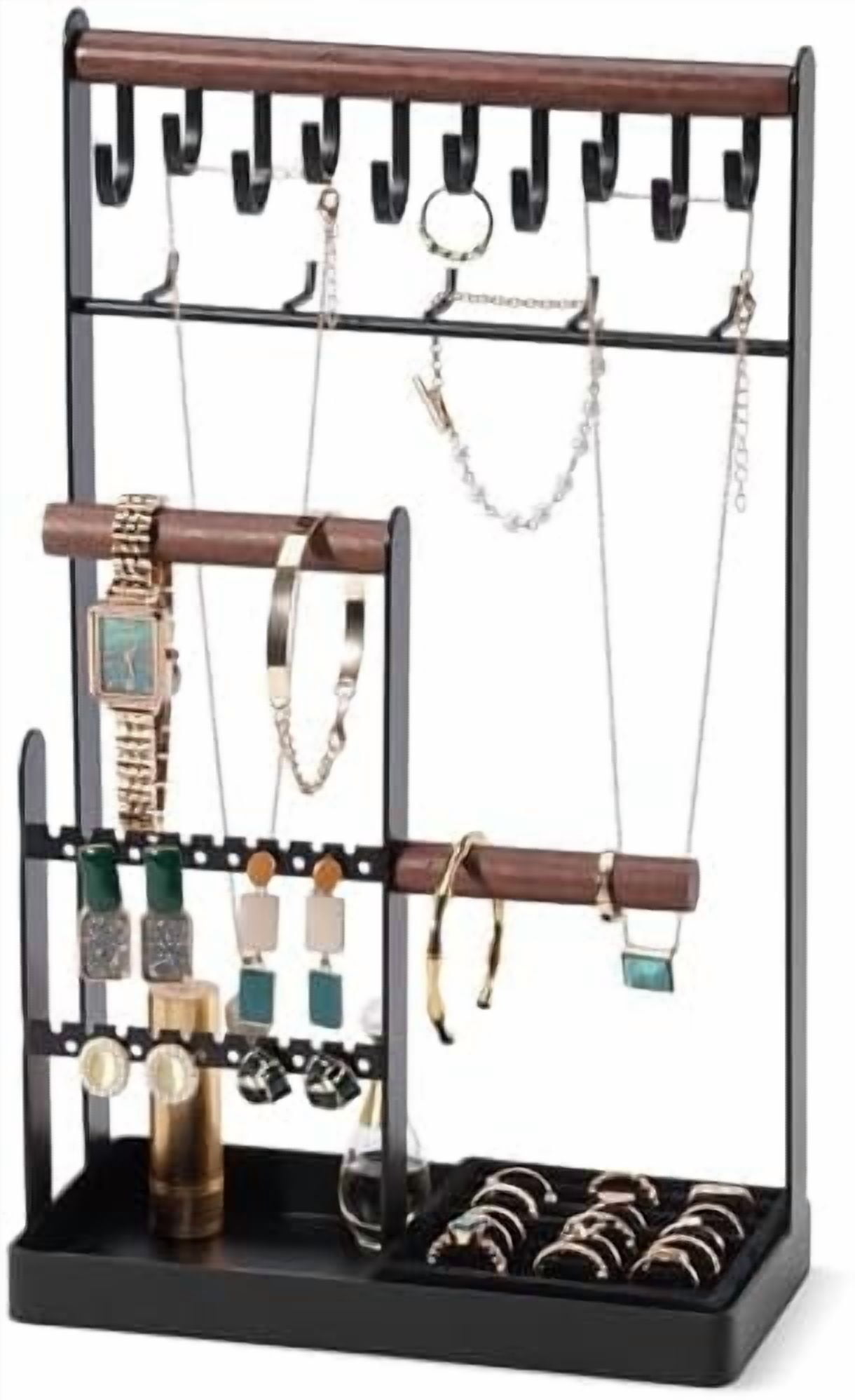 Jewelry Organizer Jewelry Stand Jewelry Holder Organizer, 5-Tier Necklace Organizer with Ring Tray, Large Aesthetic Jewelry Tower Storage Rack Tree for Bracelets Earrings Rings -Large, Black
