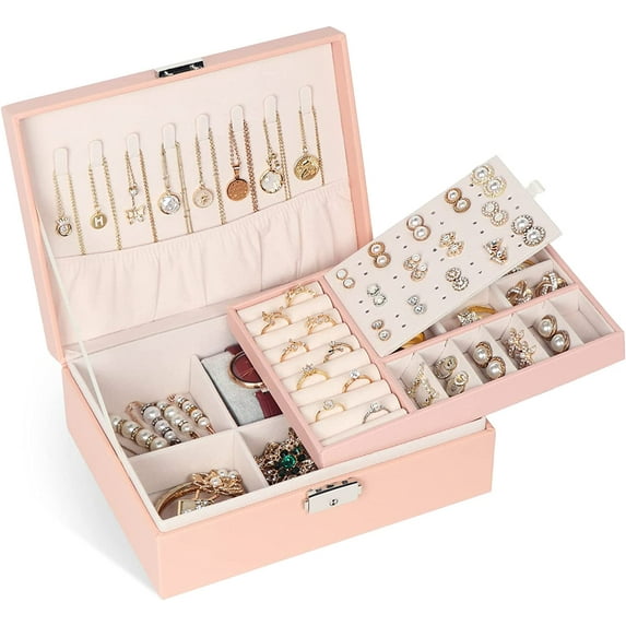 Jewelry Organizer,Large 2 Layer Jewelry Storage Case, PU Leather Jewelry Boxes with Removable Tray&Lock for Women and Girls Rings Earrings Necklace Bracelets Watches, Pink