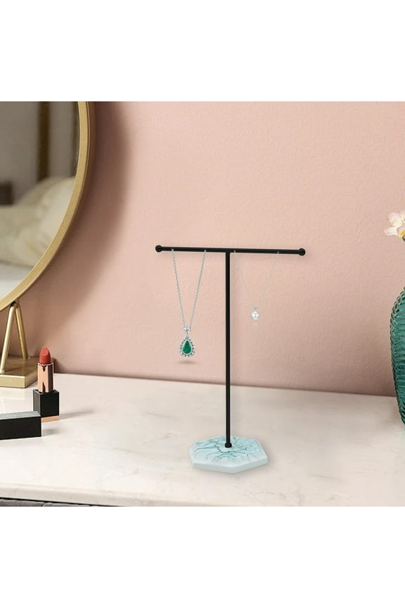 Jewelry Organizer, Modern T-Shape Metal Display Stand With Stone Base, Compact Dressing Table Jewelry Rack For Necklaces Bracelets Earrings