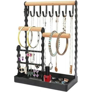 Jewelry Organizer,Necklace Holder Earring Display Stand Jewelry Tree with Wooden Ring Tray and Hooks Storage Necklaces, Bracelets, Rings, Watches Metal Desk Organizer Stand(Black)