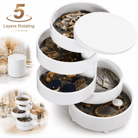 Jewelry Organizer, Small Jewelry Storage Box Earring Holder for Women, 5-Layer Rotating Travel Jewelry Tray Case with Lid for Bracelets Rings Bracelets, Gift for Women (White)