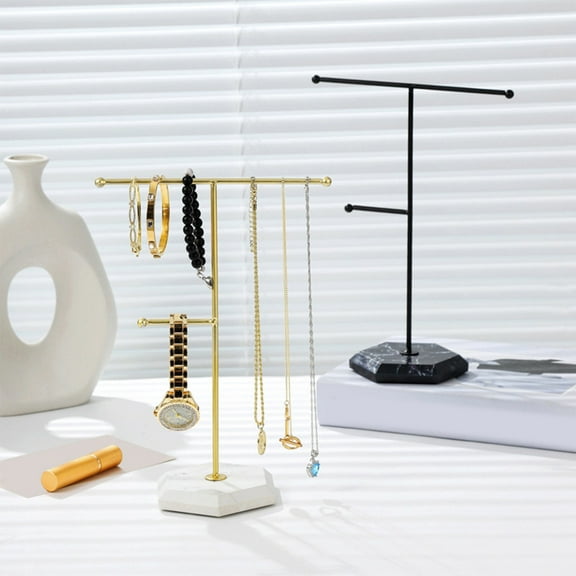 Jewelry Organizer Stand 2 Tier Metal Bracelet Holder | Necklace Earring Ring Watch Storage Display Rack | Space-Saving Countertop Display | Black Iron | 26x18.5cm