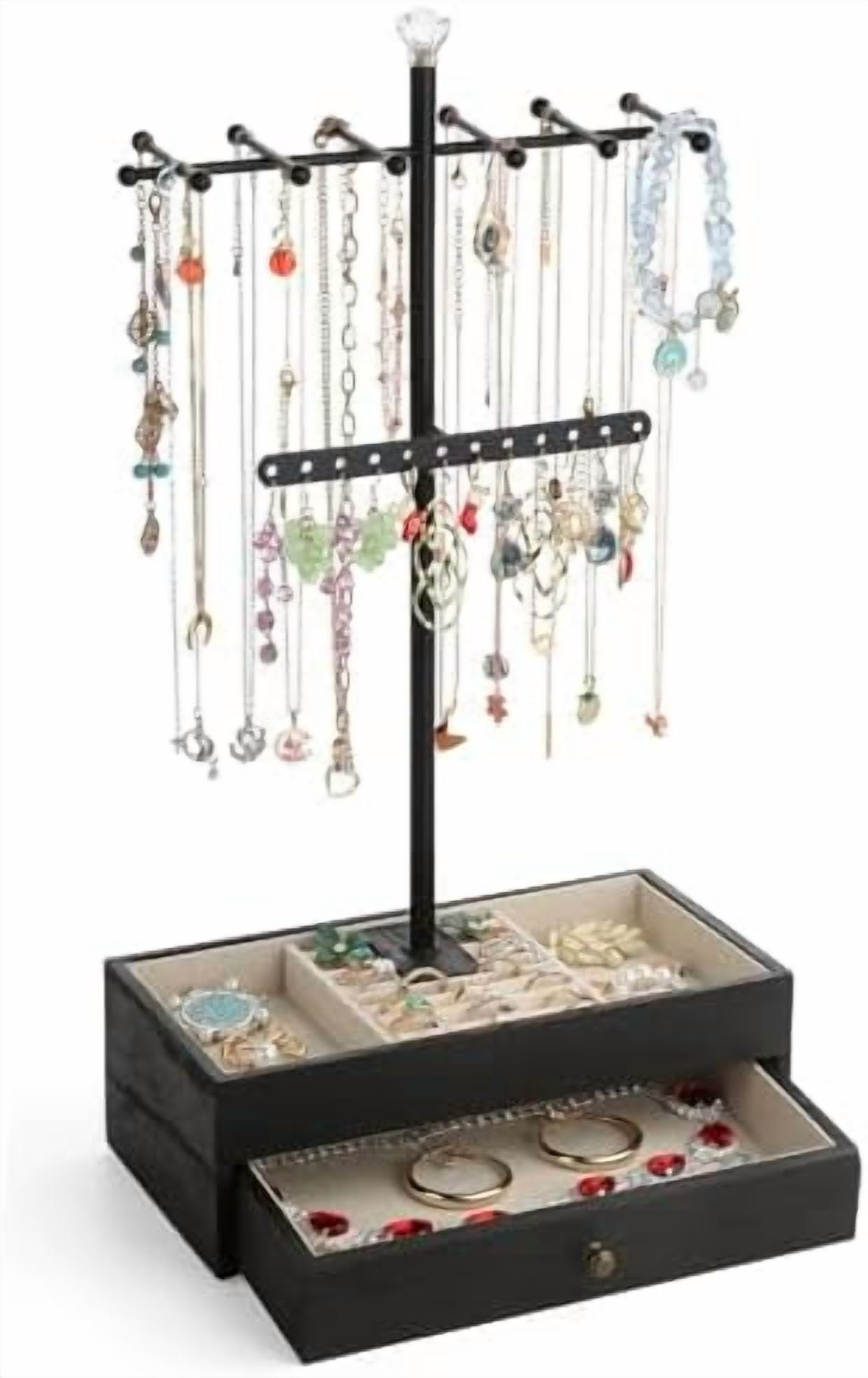 Jewelry Organizer Stand, 3-Tier Necklace Holder Jewelry Tree with Wooden Storage Drawer Box for Necklace Bracelet Earring Ring,Black