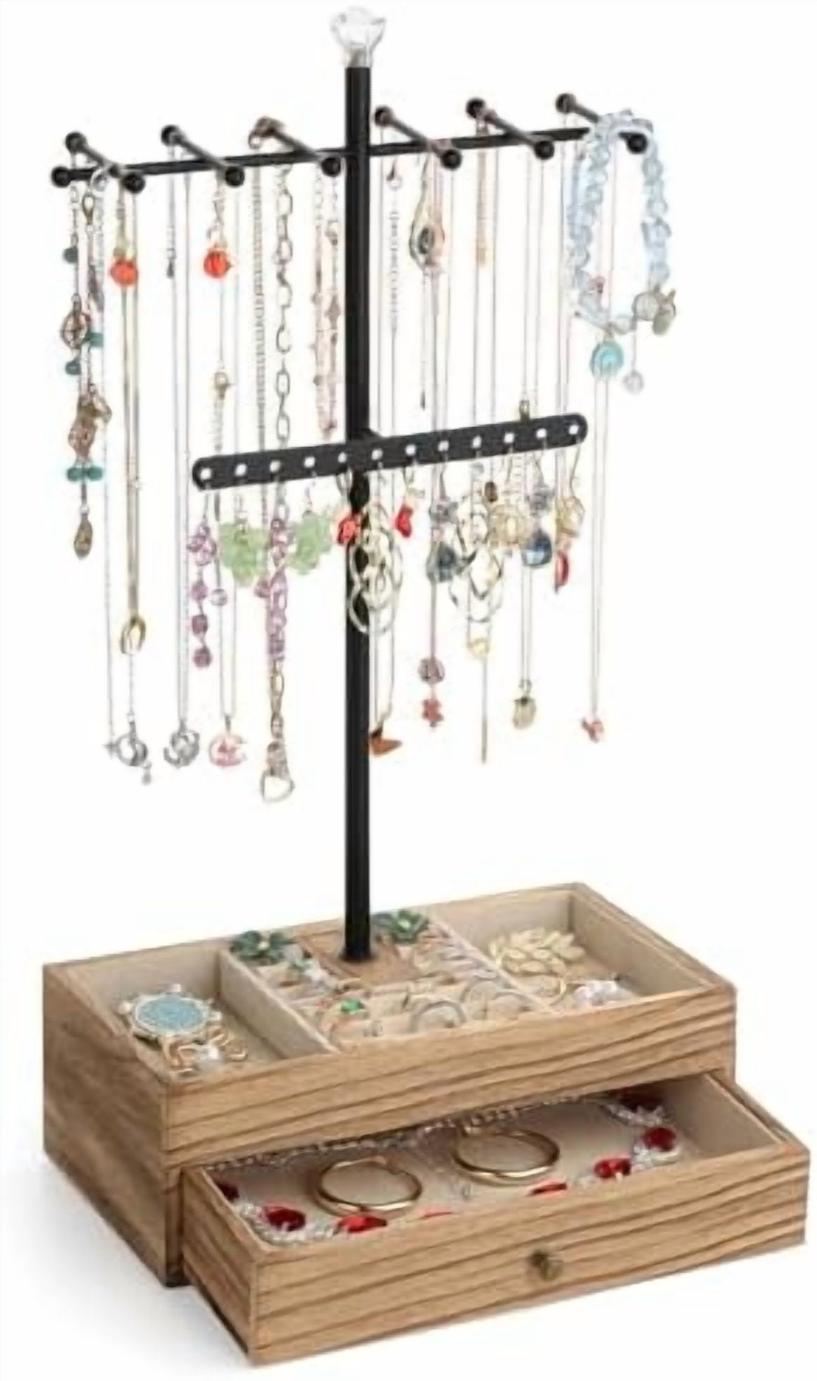 Jewelry Organizer Stand, 3-Tier Necklace Holder Jewelry Tree with Wooden Storage Drawer Box for Necklace Bracelet Earring Ring, Carbonized Black