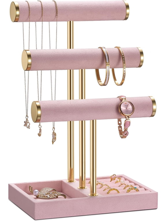 Jewelry Organizer Stand Display, 3 Tier Velvet Bracelet Holder, Pink | Jewelry Organizers and Storage | Jewelry Tree | Jewelry Towers for Necklaces, Bracelets, Earrings, Rings