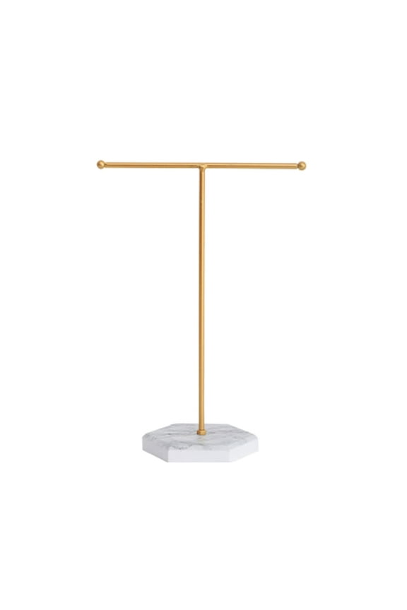 Jewelry Organizer Stand Display Necklace Holder T-Bar Plated Metal Desk Organizer Tower for Show Jewelry Hanging Pendant Earring Bracelet Ring Accessorie with White Marble Plywood Bases, White