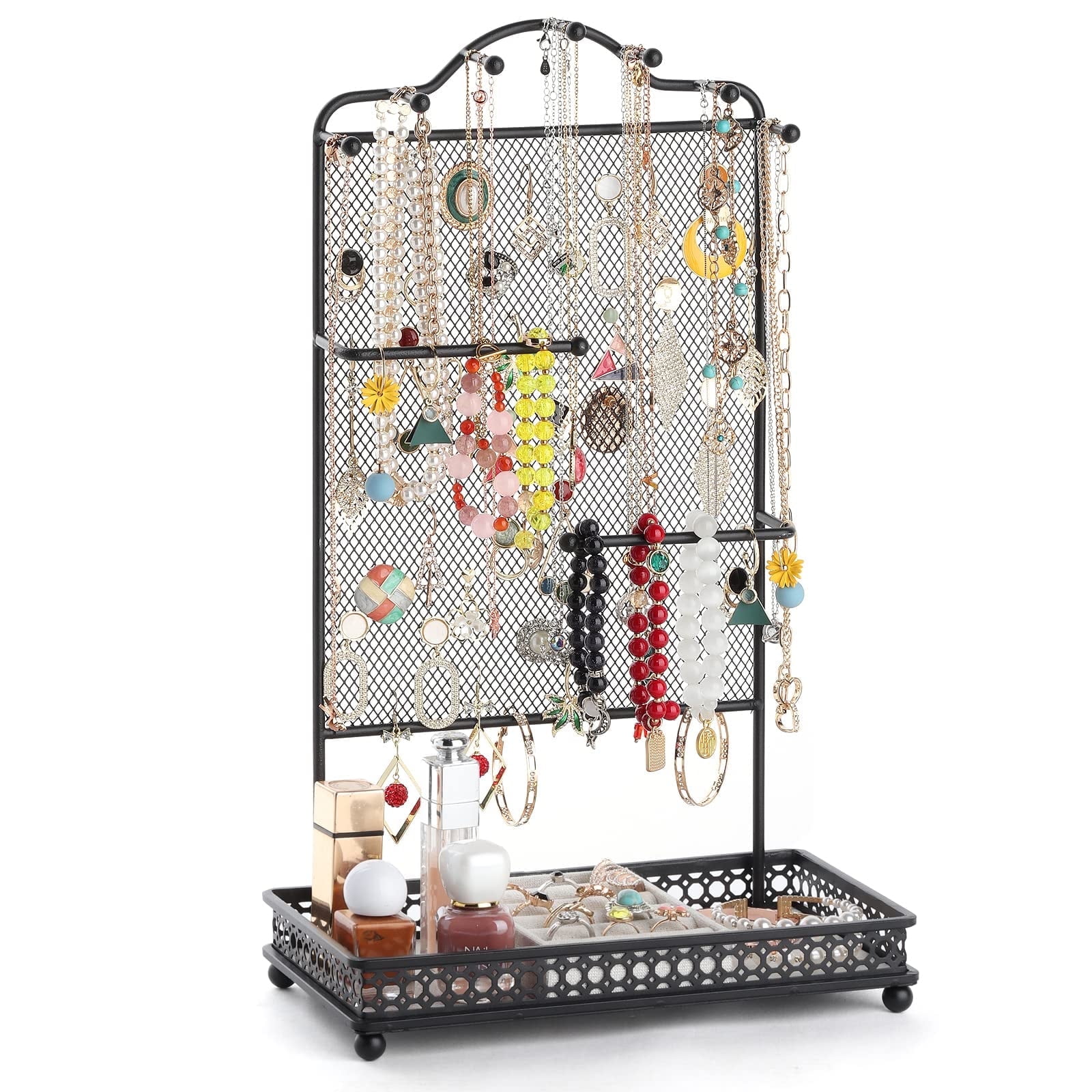 MEANGOOD Jewelry Organizer Stand, Earring Holder Rack for Hanging Earrings, Jewlery Tree for Necklaces Bracelets Watches and Rings Large Storage Jewelry Display as Girls Women Gift, Black