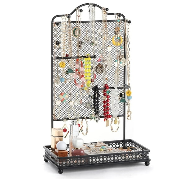 Jewelry Organizer Stand, Earring Holder Rack for Hanging Earrings, Jewlery Tree for Necklaces Bracelets Watches and Rings Large Storage Jewelry Display as Girls Women Gift, Black