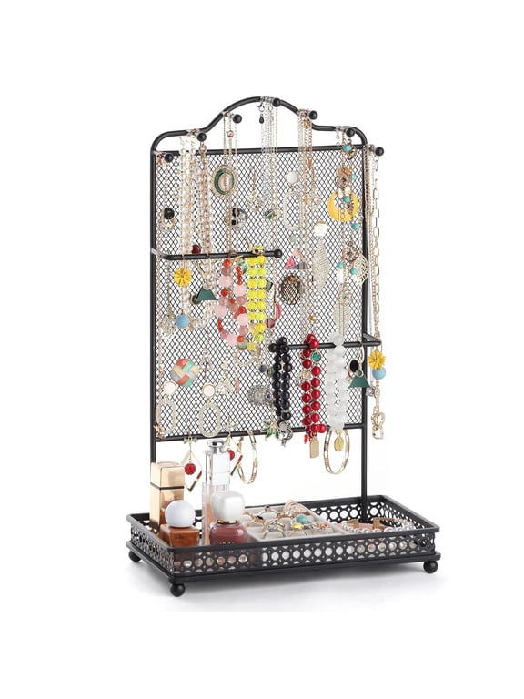 Jewelry Organizer Stand, Earring Holder Rack for Hanging Earrings, Jewlery Tree for Necklaces Bracelets Watches and Rings Large Storage Jewelry Display as Girls Women Gift, Black