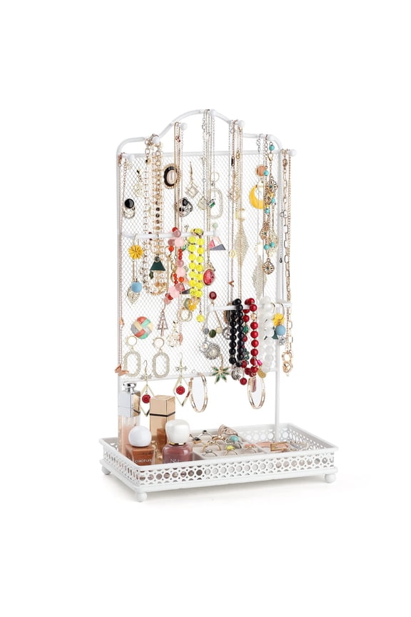 Jewelry Organizer Stand, Earring Holder Rack for Hanging Earrings, Jewlery Tree for Necklaces Bracelets Watches and Rings Large Storage Jewelry Display as Girls Women Gift, White