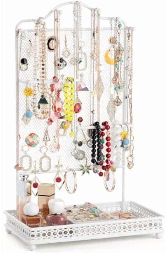 Jewelry Organizer Stand, Earring Holder Rack for Hanging Earrings Necklace Bracelets Watches Jewelry Display Large Rings Storage as Women Gift (White)