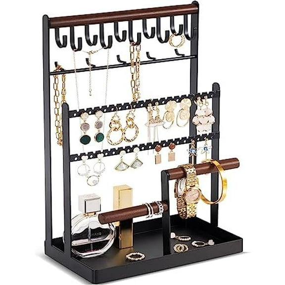 Jewelry Organizer Stand Necklace Organizer Earring Holder, 6 Tier Jewelry Stand Necklace Holder with 15 Hooks, Jewelry Tower Display Rack Storage Tree for Bracelets Earrings Rings -Black