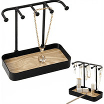 Jewelry Organizer Stand with Wooden Tray, Necklace Holder Display with Storage Hooks for Necklaces, Bracelets, Earrings, Rings, Keys, and Watches (Black)