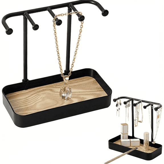 Jewelry Organizer Stand with Wooden Tray, Necklace Holder Display with Storage Hooks for Necklaces, Bracelets, Earrings, Rings, Keys, and Watches (Black)