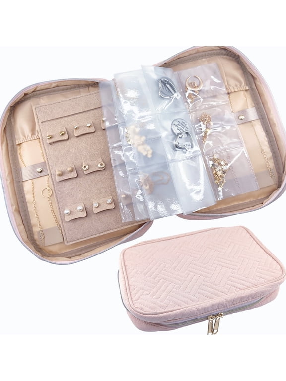 Jewelry Organizer Travel Box Storag with Ring, Earring, and Necklace Compartments - Clear Zipper Pouch for Stylish Jewelry Storage Pink