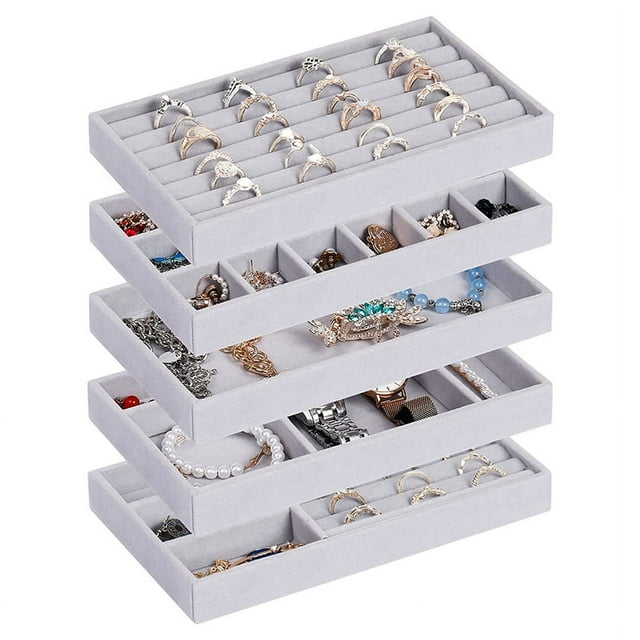 Jewelry Organizer Tray, 5 Pcs Stackable Velvet Jewelry Organizer for