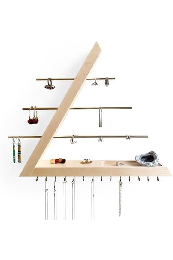 Jewelry Organizer Wall Mounted, Hardwood Hanging Jewelry Holder, Open Triangle Jewelry Display shelf for Necklaces, Earrings, Rings and Bracelets, Gift for her, Patented (Birch)