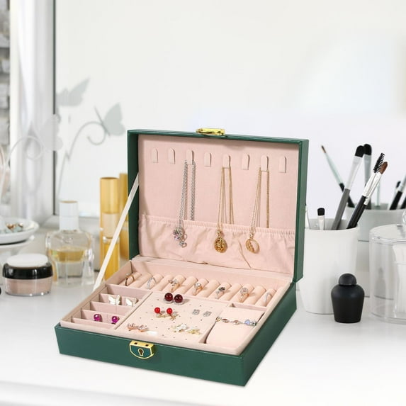 Jewelry Organizer, box Organizer PU Leather,Small jewelry organizer Boxes Earring Organizer,Trinket Box Traveling Jewlery Case Double Layer,jewelry travel case with Green