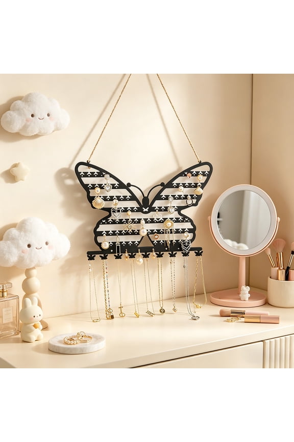 Jewelry Rack, Butterfly Shaped Metal Wall Hanging Organizer, Decorative Accessory Display Stand, Easy-Hang Holder for Bedroom, Vanity, Earring & Jewelry Storage