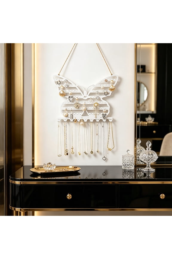 Jewelry Rack, Butterfly Shaped Metal Wall Hanging Organizer, Decorative Accessory Display Stand, Easy-Hang Holder for Bedroom, Vanity, Earring & Jewelry Storage