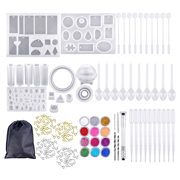 Jewelry Resin Glue Crystal Handmade Diy Kit, Complete Silicone Mold Set for Beginners, Bracelet Ring Pendant Making Tools with Screw Eye Pins, Home Craft Jewelry Casting Supplies, Mixed Design Molds