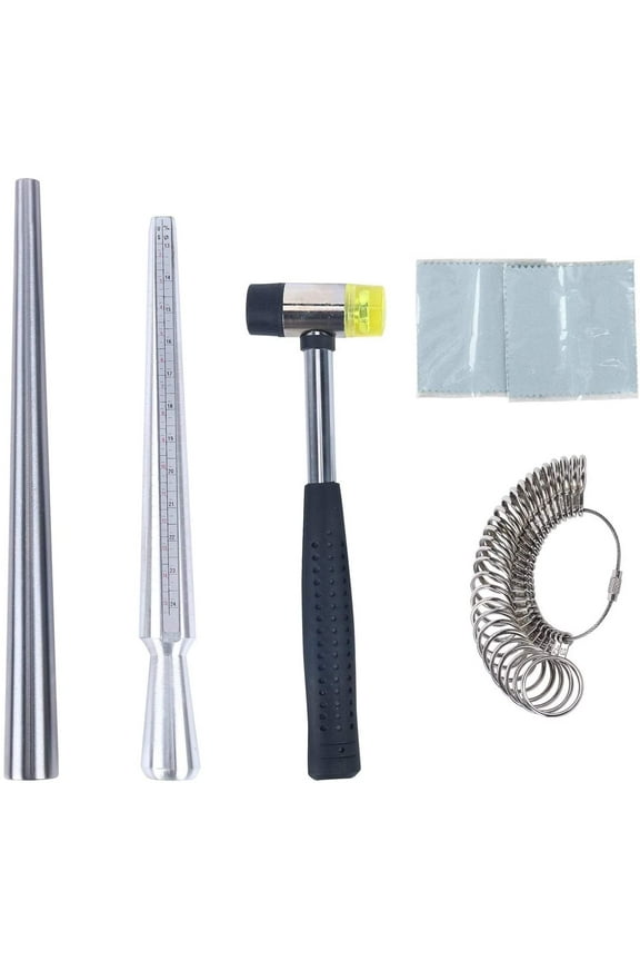 Jewelry Ring Mandrel Sizer Gauge Tools Set, Stainless Steel Ring Mandrel Rubber Hammer Measuring Stick Ring Size Gauge, 27 pcs Ring Sizer Gauge Circle Models and 2 pcs Cleaning Cloth (6 pcs)