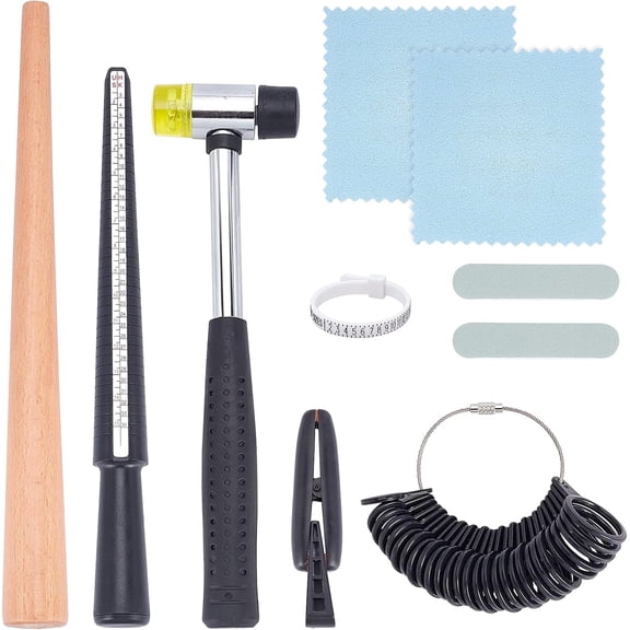 Jewelry Ring Sizer Tools Set Ring Mandrel Kit Including Dual-Head Rubber Hammer Wood Mandrel Sizer Ring Clamp Finger Size Gauge Polishing Tool for Ring Making Reparing DIY Jewelry Crafts Making DIY