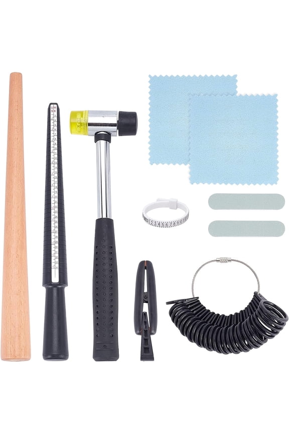 Jewelry Ring Sizer Tools Set Ring Mandrel Kit Including Dual-Head Rubber Hammer Wood Mandrel Sizer Ring Clamp Finger Size Gauge Polishing Tool for Ring Making Reparing DIY Jewelry Crafts