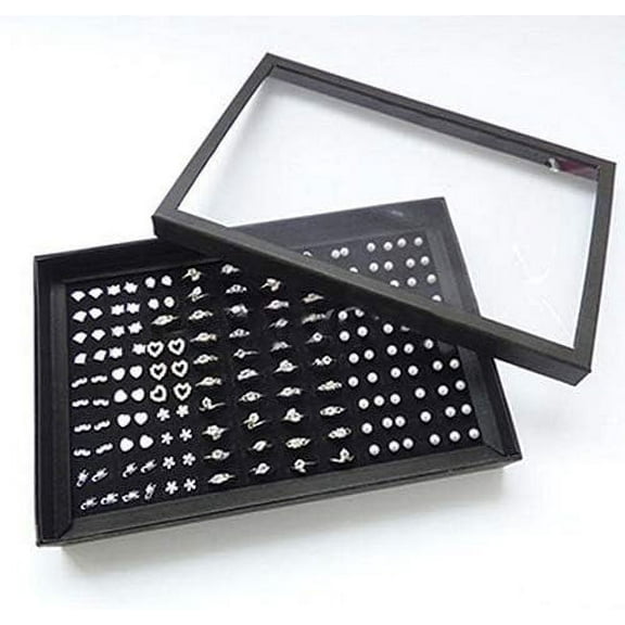 Jewelry Rings Display Tray, 100 Slots Ring Storage Ear Display Box, Jewelry Organizer Holder Show Case with Lid, Holder Earrings Storage Box Case, Black