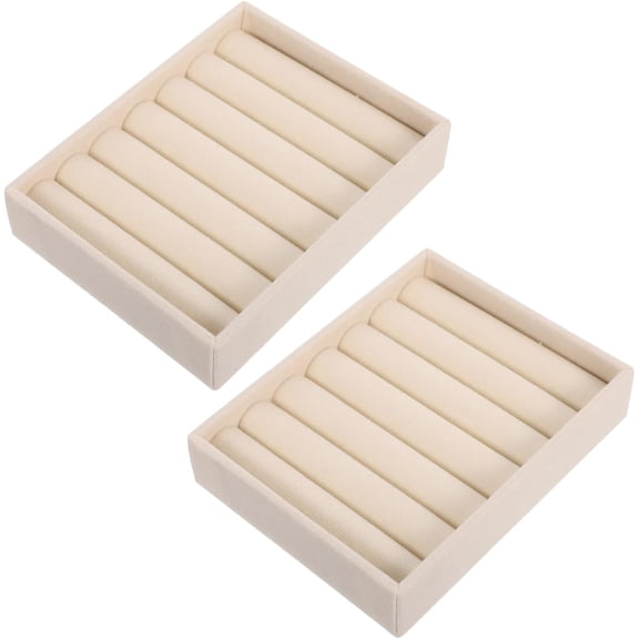 Jewelry Rings Display Tray Organizer Set 2pcs Beige Long Rectangular Storage Boxes with Multiple Slots for Ring and Earring Holder Suitable Home Travel