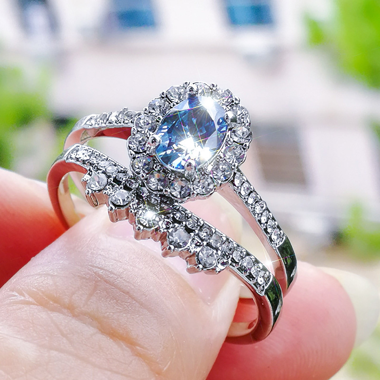 Jewelry Rings Ladies Fashion Silver Oval Lake Blue Zircon Ring Diamond  Proposal Couple Ring Set Accessories for Women