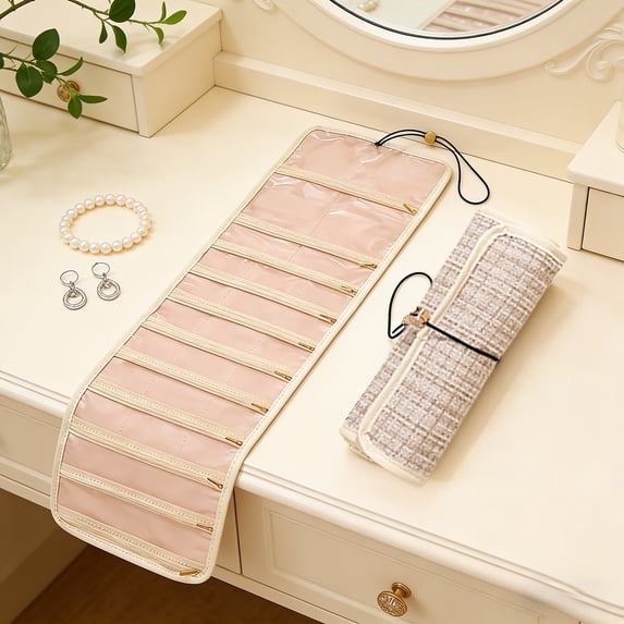 Jewelry Roll Storage Bag, Large-Capacity Travel Jewelry Organizer Pouch, Portable Roll-Up Jewelry Bag, Multi-Pocket Storage Case for Necklaces, Rings & Fine Jewelry Carrying