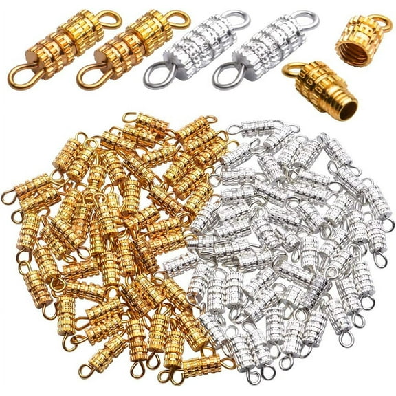 Jewelry Screw Clasps,100pcs Golden Silver Barrel Screw Clasp Column Twist Screw Clasps Brass Screw Fastener Clasp Connector with 2 Hole for DIY Bracelet Necklace Jewelry Making,4x15mm
