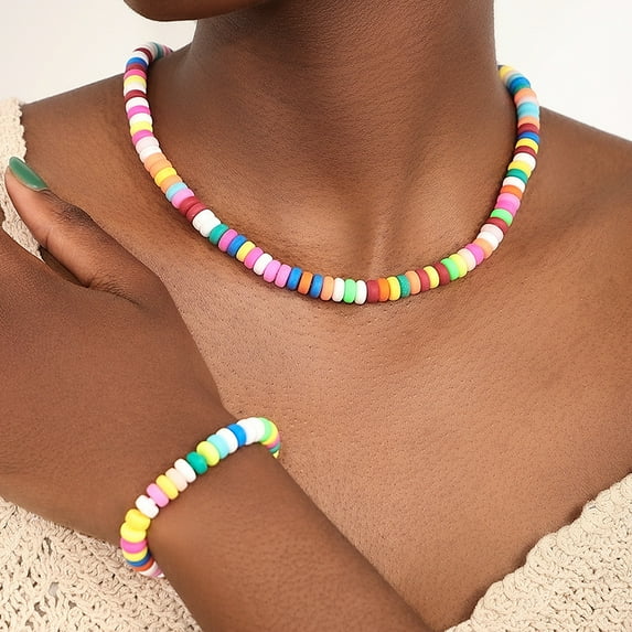 Jewelry Set For Women Soft Pottery Colorful Beaded Necklace Bracelet Vacation Style Holiday Gift Fashion Jewelry S022