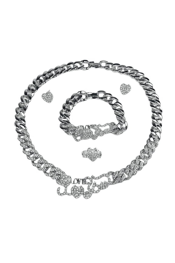 Jewelry Set For Women - Women's Hugs & Kisses XOXO I Love You Charm Miami Cuban Iced Cut 4 Pieces Necklace Set Includes Necklace Bracelet Earrings Ring 18k Gold Plated Layered