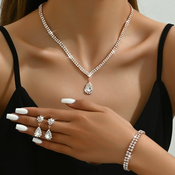 Jewelry Set Golden Prom Formal Necklace Earrings Bracelet Sets Rhinestone Bridal Wedding Jewelry Sets for Women and Brides