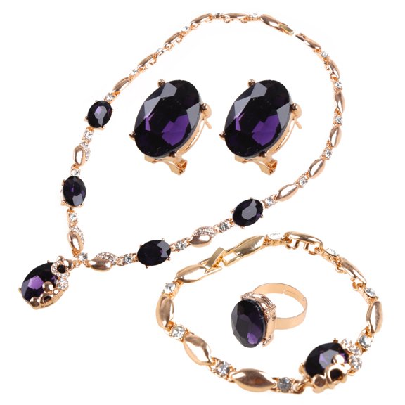 Jewelry Set Purple Gemstone Pendant Necklace Earring Bracelet Ring Party Dress