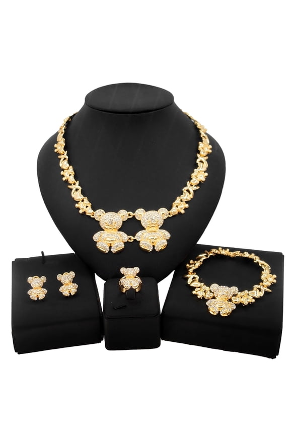 Jewelry Set for Women - Women's Hugs & Kisses XOXO 4 Pieces Necklace Set Double Teddy Bear Charm Necklace Bracelet Earrings Ring Real Gold Plated Layered #135
