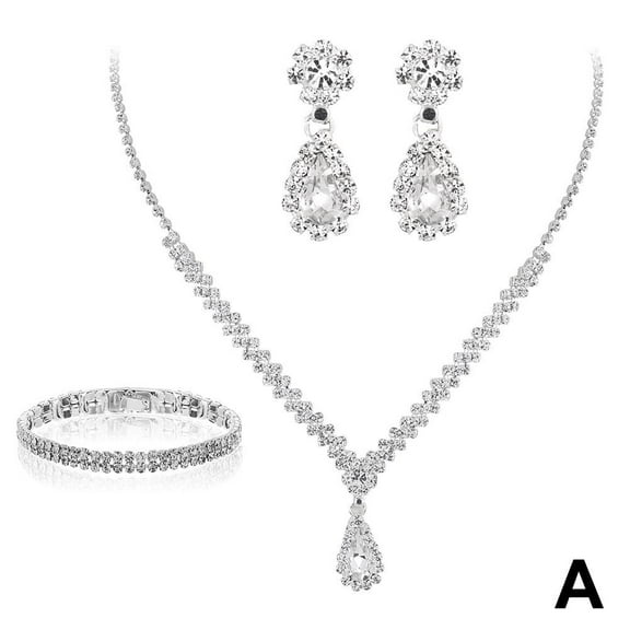 Jewelry Sets For Women, Silver Jewelry Set For Women Rhinestone Crystal Necklace, Link Drop Bridal Bracelet Bangle Earrings