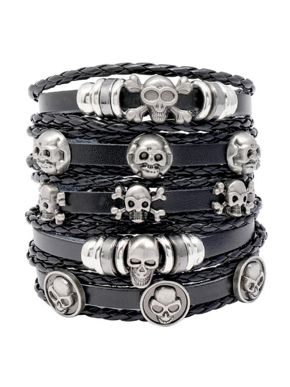 Jewelry Skull Studs Stitched Black Leather Cuff Bracelet Gift for Halloween