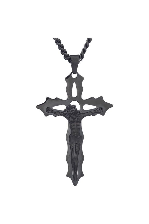 Jewelry Stainless Steel Black Cross with Black-Tone Jesus Crucifix Pendant, 24 Chain