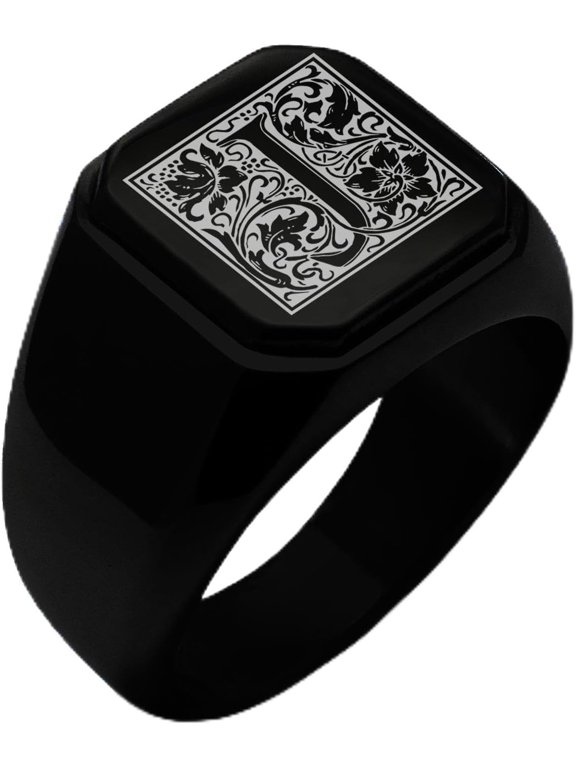 Jewelry | Stainless Steel Letter Alphabet Initial Ring | Square Flat Top Ring for Men & Women | Stainless Steel Jewelry, (Black, Gold, Silver), Size 7-16
