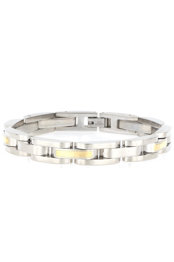 Jewelry Stainless Steel Panther Link Bracelet with Solid 14K Diamond Cut Gold Bar Polished finish