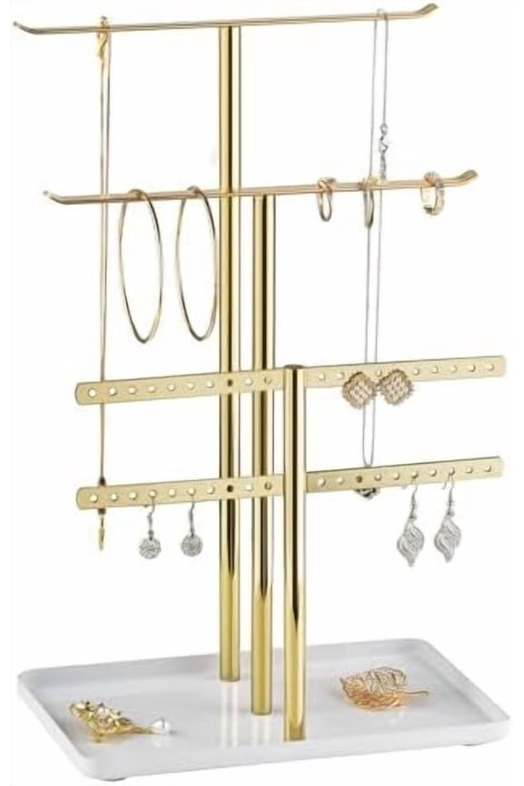 Jewelry Stand Holder Organizer: 12.5" Sturdy Hanger for 80 Pcs Jewelry, Jewlery Tower for Display Necklace, Earring, Bracelet, Watch, Mirrored Gold