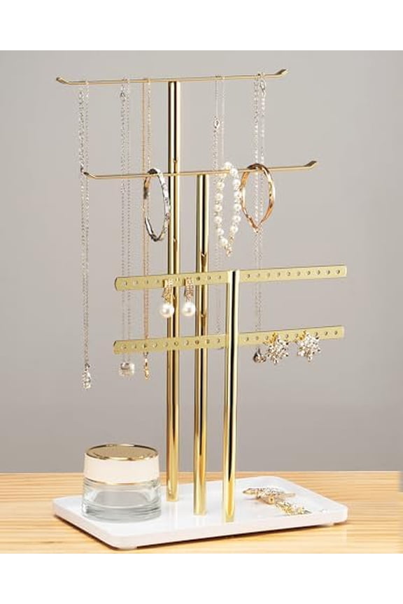Jewelry Stand Holder Organizer: 14.5" Sturdy Hanger for 80 Pcs Jewelry, Jewlery Tower for Display Necklace, Earring, Bracelet, Watch, Mirrored Gold