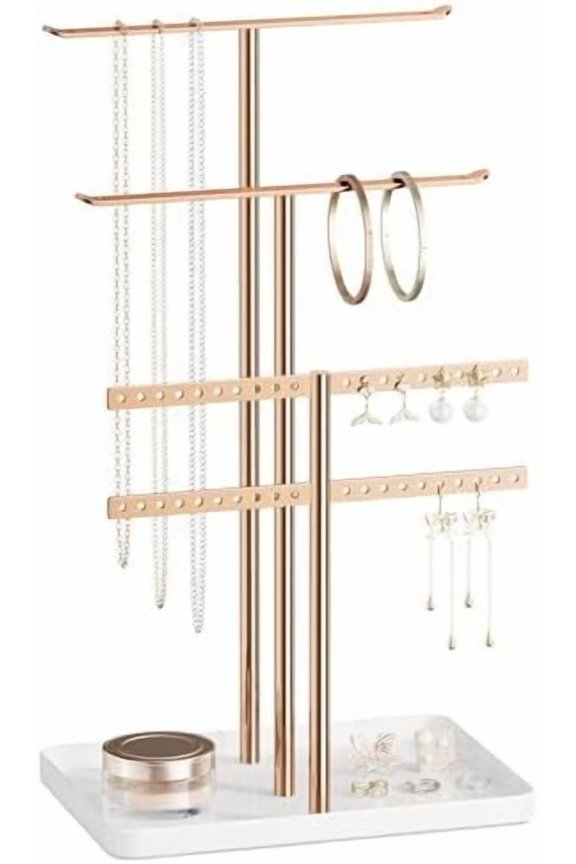 Jewelry Stand Holder Organizer: 14.5" Sturdy Hanger for 80 Pcs Jewelry, Rose Gold Jewlery Tower for Display Necklace, Earring, Bracelet, Watch