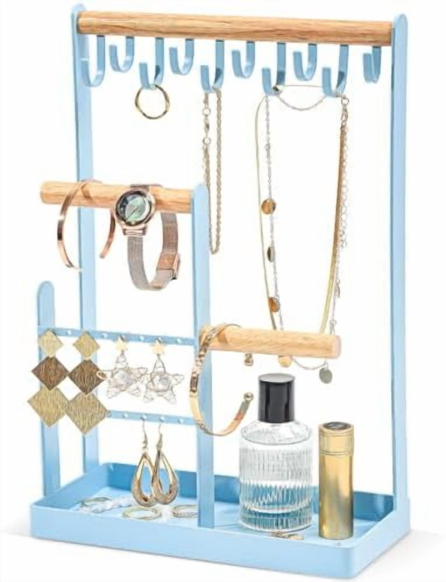 Jewelry Stand Holder Organizer, 4-Tier Necklace Holder with Ring Tray, 10 Hooks Necklaces Hanging Small Jewelry Display Storage Tower Tree for Bracelets Earrings Watches -Medium, Blue