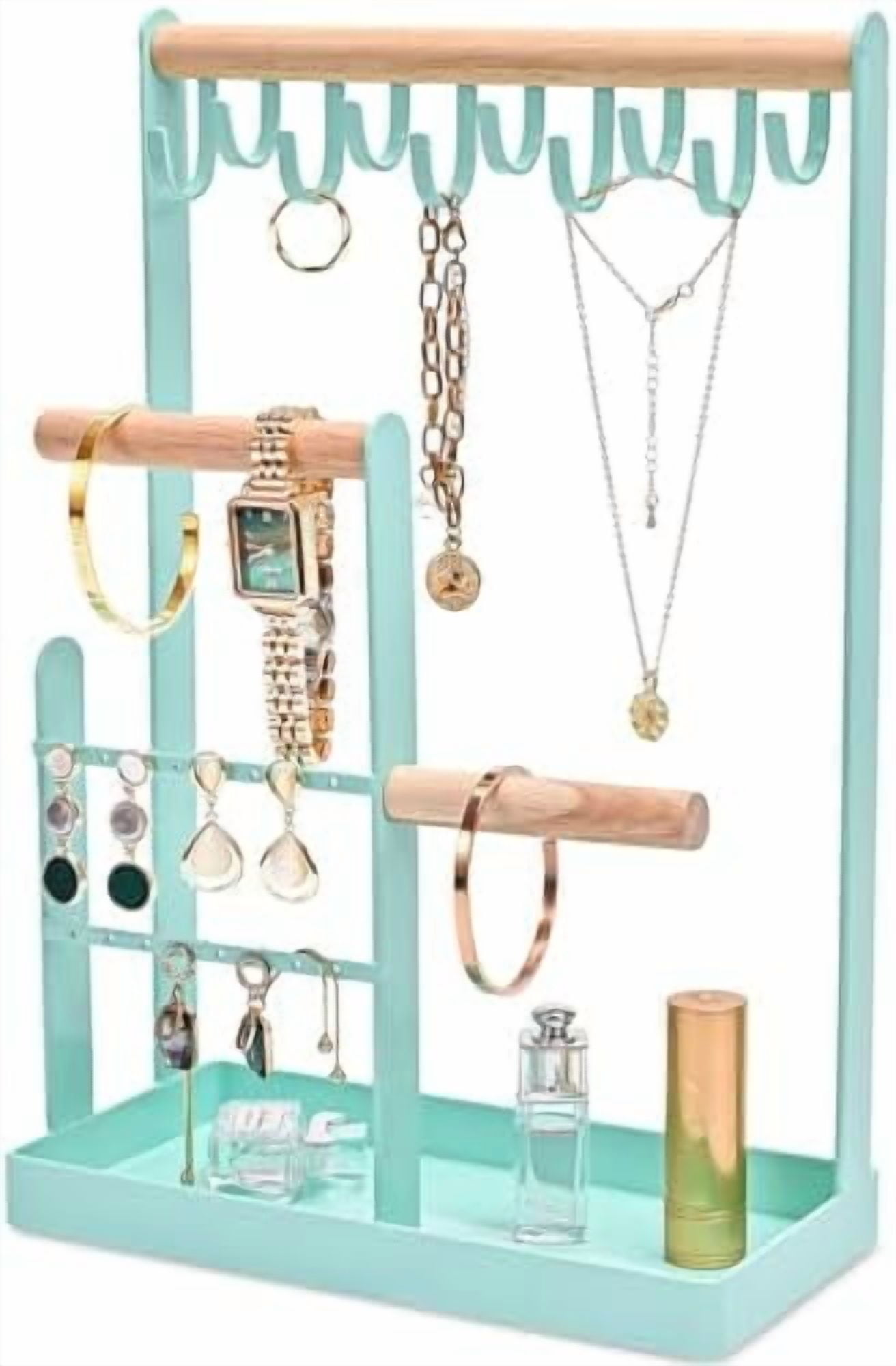 Jewelry Stand Holder Organizer, 4-Tier Necklace Holder with Ring Tray, 10 Hooks Necklaces Hanging Small Jewelry Display Storage Tower Tree for Bracelets Earrings Watches -Medium, Aqua