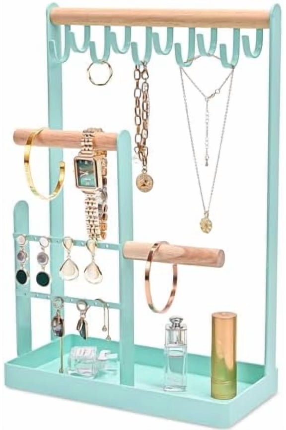 Jewelry Stand Holder Organizer, 4-Tier Necklace Holder with Ring Tray, 10 Hooks Necklaces Hanging Small Jewelry Display Storage Tower Tree for Bracelets Earrings Watches -Medium, Aqua