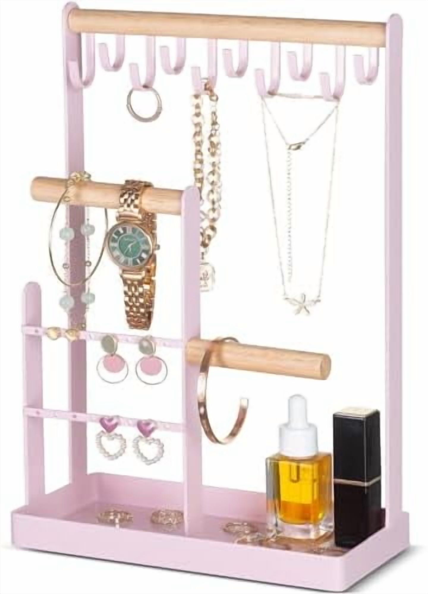 Jewelry Stand Holder Organizer, 4-Tier Necklace Holder with Ring Tray, 10 Hooks Necklaces Hanging Small Jewelry Display Storage Tower Tree for Bracelets Earrings Watches -Medium, Pink